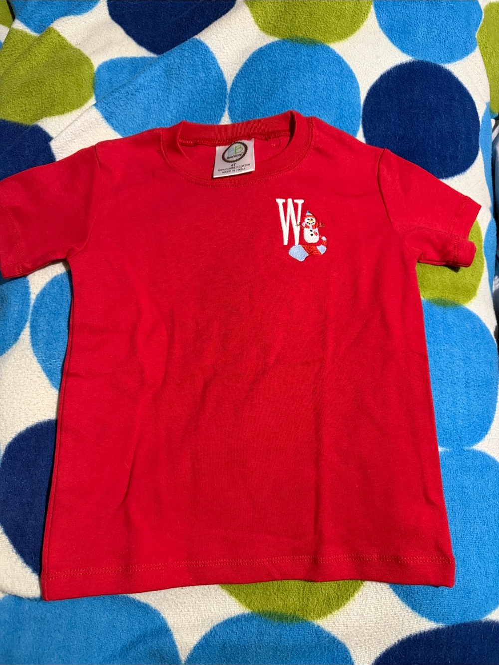 Kids Red Short Sleeve Tee with Snowman Embroidery